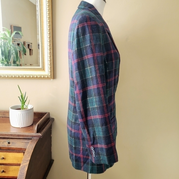 Vintage White Stag Tartan Plaid Blazer Blue, Green, Red, Gold Single Button - Picture 3 of 6